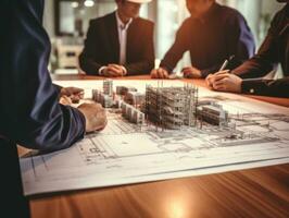 Architect working on blueprint at office desk with building model. Construction concept. AI Generative photo