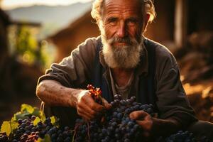 Old man with long gray beard, mustache and moustache sitting on wooden table with bunch of grapes in vineyard at sunset. AI Generative photo