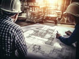 Architect working on blueprint at office desk with building model. Construction concept. AI Generative photo