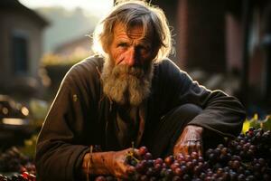 antiguo hombre con largo gris barba, Bigote y Bigote sentado en de madera mesa con manojo de uvas en viñedo a puesta de sol. ai generativo foto