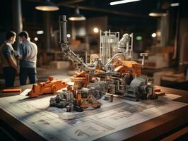 Architect working on blueprint at office desk with building model. Construction concept. AI Generative photo