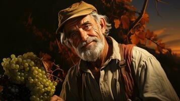 Old man with long gray beard, mustache and moustache sitting on wooden table with bunch of grapes in vineyard at sunset. AI Generative photo