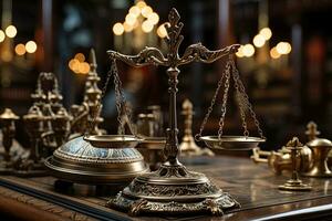 Scales of justice on wooden table in courtroom. 3d render. AI Generative photo