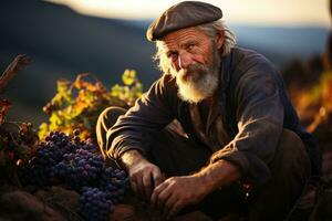 Old man with long gray beard, mustache and moustache sitting on wooden table with bunch of grapes in vineyard at sunset. AI Generative photo