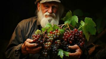 antiguo hombre con largo gris barba, Bigote y Bigote sentado en de madera mesa con manojo de uvas en viñedo a puesta de sol. ai generativo foto