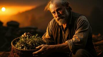 Portrait of an old farmer working in the field at sunset. A man with a basket of green tea in his hands at sunset. AI Generative photo