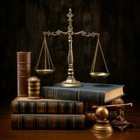 Law theme, mallet of judge, wooden gavel and books. AI Generative photo