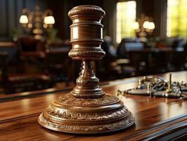 Wooden judge gavel on table in courtroom. 3d render. AI Generative photo