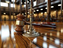 Wooden judge gavel on table in courtroom. 3d render. AI Generative photo