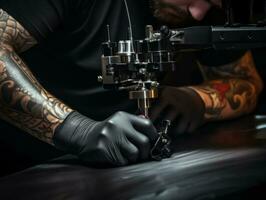 tatuaje artista trabajando en un tatuaje máquina en un tatuaje estudio. ai generativo foto