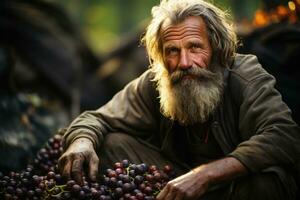 Old man with long gray beard, mustache and moustache sitting on wooden table with bunch of grapes in vineyard at sunset. AI Generative photo