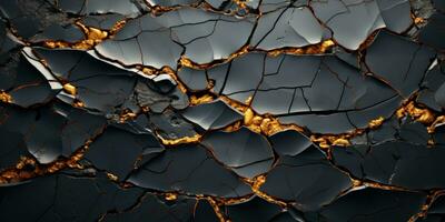 Black marble background with gold veins. 3d rendering, 3d illustration. Magnificent vein of gold in the big black rock. AI Generative photo