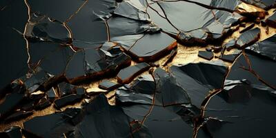 Black marble background with gold veins. 3d rendering, 3d illustration. Magnificent vein of gold in the big black rock. AI Generative photo