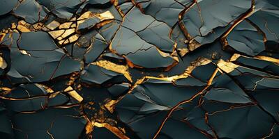 Black marble background with gold veins. 3d rendering, 3d illustration. Magnificent vein of gold in the big black rock. AI Generative photo