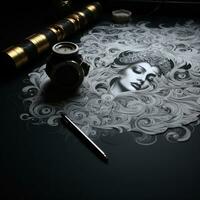 The image of the head of the ancient woman on a black background. AI Generative photo