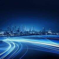 The light trails on the modern building background. Rainy city street at night with light trails and bokeh. AI Generative photo