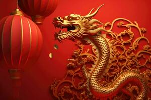 Chinese New Year background with golden dragon and red lanterns. 3D rendering. AI Generative photo