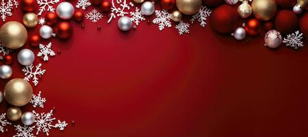 Christmas background with baubles and snowflakes on red background. copy space. AI Generative photo