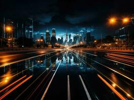 The light trails on the modern building background. Rainy city street at night with light trails and bokeh. AI Generative photo