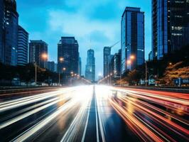 The light trails on the modern building background. Rainy city street at night with light trails and bokeh. AI Generative photo