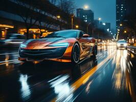 The light trails on the modern building background. Rainy city street at night with light trails and bokeh. AI Generative photo