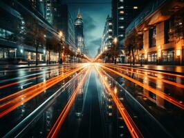 el ligero caminos en el moderno edificio antecedentes. lluvioso ciudad calle a noche con ligero caminos y Bokeh. ai generativo foto