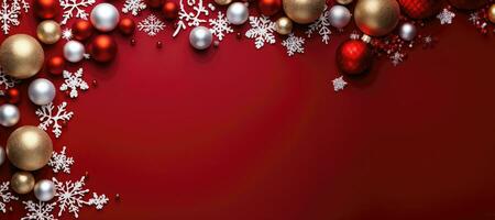 Christmas background with baubles and snowflakes on red background. copy space. AI Generative photo