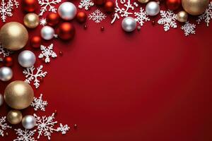 Christmas background with baubles and snowflakes on red background. copy space. AI Generative photo