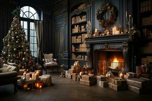 Luxury living room interior with christmas tree and fireplace. 3D rendering. AI Generative photo