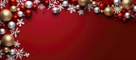 Christmas background with baubles and snowflakes on red background. copy space. AI Generative photo