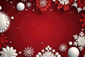 Christmas background with baubles and snowflakes on red background. copy space. AI Generative photo