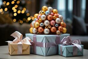 hermosa regalo cajas con Navidad decoración en mesa en contra borroso luces antecedentes. ai generativo foto