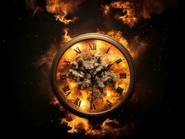 Burning alarm clock on fire background. Time is running out concept. AI Generative photo