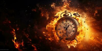 Burning alarm clock on fire background. Time is running out concept. AI Generative photo