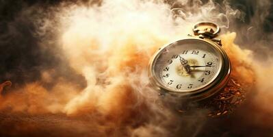 Burning alarm clock on fire background. Time is running out concept. AI Generative photo