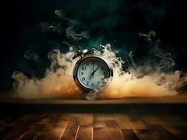 Burning alarm clock on fire background. Time is running out concept. AI Generative photo