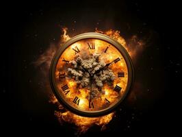 Burning alarm clock on fire background. Time is running out concept. AI Generative photo