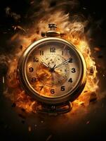 Burning alarm clock on fire background. Time is running out concept. AI Generative photo