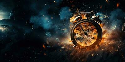 Burning alarm clock on fire background. Time is running out concept. AI Generative photo