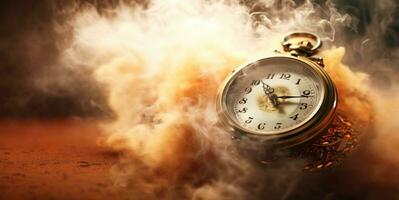 Burning alarm clock on fire background. Time is running out concept. AI Generative photo