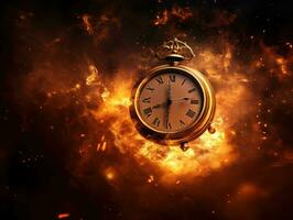 Burning alarm clock on fire background. Time is running out concept. AI Generative photo