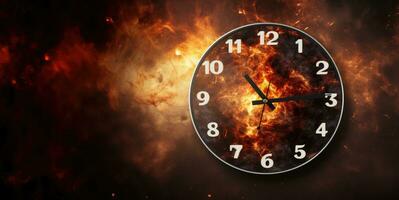 Burning alarm clock on fire background. Time is running out concept. AI Generative photo