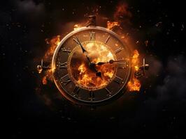 Burning alarm clock on fire background. Time is running out concept. AI Generative photo