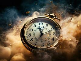 Burning alarm clock on fire background. Time is running out concept. AI Generative photo