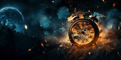 Burning alarm clock on fire background. Time is running out concept. AI Generative photo