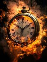 Burning alarm clock on fire background. Time is running out concept. AI Generative photo