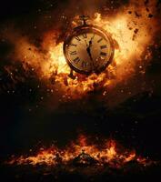 Burning alarm clock on fire background. Time is running out concept. AI Generative photo