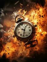 Burning alarm clock on fire background. Time is running out concept. AI Generative photo