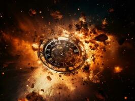 Burning alarm clock on fire background. Time is running out concept. AI Generative photo