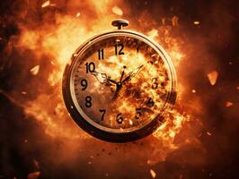 Burning alarm clock on fire background. Time is running out concept. AI Generative photo